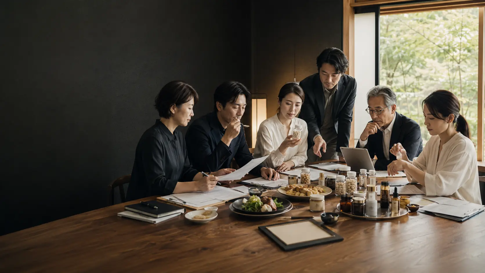 Illustrative scene of a selection review with products and supporting materials